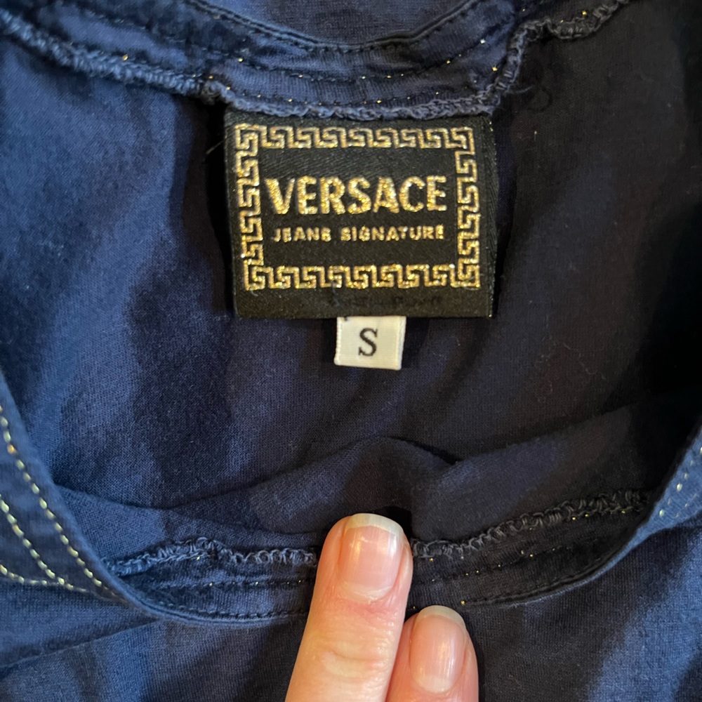 Vintage Versace muscle tank, navy with gold trim, size small